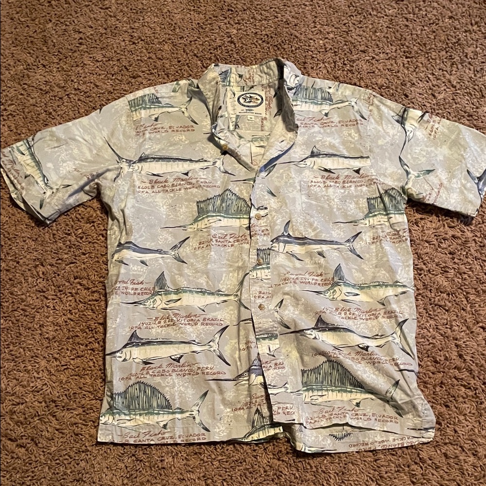 AFTCO Beige Marlin Print Casual Button Down Shirt